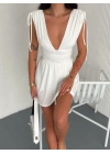 Derin V Yaka Etek Görünümlü Şortlu Elbise Drapeli Mini Yazlık - Beyaz