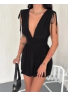Derin V Yaka Etek Görünümlü Şortlu Elbise Drapeli Mini Yazlık - Siyah