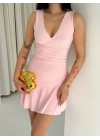 Derin V Yaka Sırt Dekolteli Mini Elbise Drapeli Şık Kolsuz - Pembe