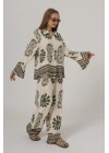 Desenli Kolları Volanlı Pantolon Takım - Haki