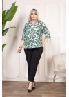 Desenli Püsküllü Viskon Bluz Bebe Yaka Kısa Kollu Big Size Rahat Kesim - Desenli