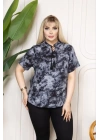 Desenli Püsküllü Viskon Bluz Bebe Yaka Kısa Kollu Big Size Rahat Kesim - Desenli