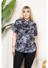 Desenli Püsküllü Viskon Bluz Bebe Yaka Kısa Kollu Big Size Rahat Kesim - Desenli