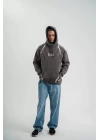 Double Oversize Kapşonlu Şimşek Pano Baskılı SweatShirt - Füme