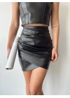 Drapeli deri etek siyah w26771