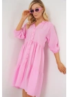 Düğmeli Kısa Kol Elbise 2559 - Pembe