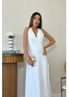 Ekru Atlas Göğüs Kuplu Elbise