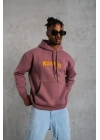 Erkek 3 İplik Pamuklu Kapüşonlu Baskılı Cepli Oversize Sweatshirt Hoodie - Gül Kurusu