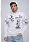 Erkek 3 İplik Pamuklu Kapüşonlu Baskılı SweatShirt Hoodie - Beyaz