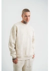Erkek 3 İplik Pamuklu Yağ Yıkamalı Sweatshirt Double Oversize Bisiklet Yaka Uzun Kol - Krem