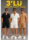 Erkek 3’lü Krep Kumaş Cepli Gömlek Şort Takım Kısa Kollu Bağcıklı - Siyah , Beyaz , Bej