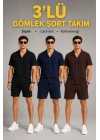 Erkek 3’lü Krep Kumaş Cepli Gömlek Şort Takım Kısa Kollu Bağcıklı - Siyah , Lacivert , Kahverengi