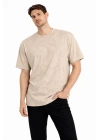 Erkek Asit Yıkama Bisiklet Yaka Kısa Kollu Oversize T-Shirt Tişört - Bej