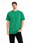 Erkek Asit Yıkama Bisiklet Yaka Kısa Kollu Oversize T-Shirt Tişört - Yeşil
