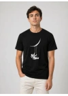 Erkek Astronot Ay Temalı Tişört Kısa Kol Yazlık Bisiklet Yaka T-Shirt - Siyah