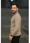 Erkek Balıkcı Yaka Bağazlı Triko Kazak Pamuklu Kalın Fitilli Dokuma, Regular Fit Uzun Kollu Kışlık Model - Bej