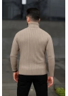 Erkek Balıkcı Yaka Bağazlı Triko Kazak Pamuklu Kalın Fitilli Dokuma, Regular Fit Uzun Kollu Kışlık Model - Bej