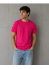 Erkek Basic Pamuklu Tişört Bisiklet Yaka Düz Renk Regular Fit T-Shirt - Fuşya