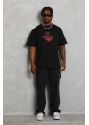 Erkek Baskılı Tişort Kısa Kol Bisiklet Yaka Ovarsize T-Shirt - Siyah