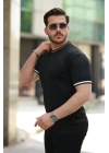 Erkek Bisiklet Yaka çizgi Desenli Ribanalı Kısa Kollu Tshirt
