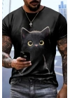 Erkek Bisiklet Yaka Kedi Baskılı Süprem T-shirt