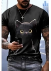 Erkek Bisiklet Yaka Kedi Baskılı Süprem T-shirt