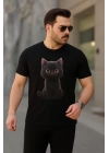 Erkek Bisiklet Yaka Kedi Baskılı Süprem T-shirt