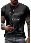Erkek Bisiklet Yaka Kedi Baskılı Süprem T-shirt