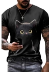 Erkek Bisiklet Yaka Kedi Baskılı Süprem T-shirt