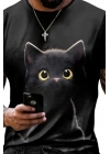 Erkek Bisiklet Yaka Kedi Baskılı Süprem T-shirt