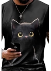 Erkek Bisiklet Yaka Kedi Baskılı Süprem T-shirt