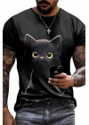 Erkek Bisiklet Yaka Kedi Baskılı Süprem T-shirt