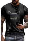 Erkek Bisiklet Yaka Kedi Baskılı Süprem T-shirt