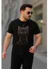 Erkek Bisiklet Yaka Kedi Baskılı Süprem T-shirt