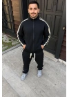 Erkek Çift Şeritli Eşofman Takım Dik Yaka Fermuarlı Sweatshirt Boru Paça Alt, Oversize 3 Iplik Pamuklu - Siyah