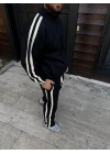 Erkek Çift Şeritli Eşofman Takım Dik Yaka Fermuarlı Sweatshirt Boru Paça Alt, Oversize 3 Iplik Pamuklu - Siyah