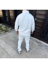 Erkek Çift Şeritli Eşofman Takım Dik Yaka Fermuarlı Sweatshirt Boru Paça Alt, Oversize 3 Iplik Pamuklu - Beyaz