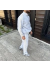 Erkek Çift Şeritli Eşofman Takım Dik Yaka Fermuarlı Sweatshirt Boru Paça Alt, Oversize 3 Iplik Pamuklu - Gri