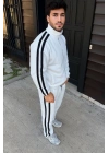 Erkek Çift Şeritli Eşofman Takım Dik Yaka Fermuarlı Sweatshirt Boru Paça Alt, Oversize 3 Iplik Pamuklu - Beyaz