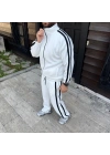 Erkek Çift Şeritli Eşofman Takım Dik Yaka Fermuarlı Sweatshirt Boru Paça Alt, Oversize 3 Iplik Pamuklu - Beyaz