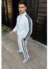 Erkek Çift Şeritli Eşofman Takım Dik Yaka Fermuarlı Sweatshirt Boru Paça Alt, Oversize 3 Iplik Pamuklu - Beyaz