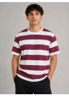 Erkek Çizgili Oversize Tişört Bisiklet Yaka Kısa Kol Yazlık T-Shirt - Bordo