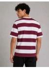 Erkek Çizgili Oversize Tişört Bisiklet Yaka Kısa Kol Yazlık T-Shirt - Bordo
