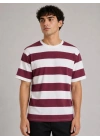 Erkek Çizgili Oversize Tişört Bisiklet Yaka Kısa Kol Yazlık T-Shirt - Bordo