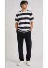 Erkek Çizgili Oversize Tişört Bisiklet Yaka Kısa Kol Yazlık T-Shirt - Siyah