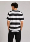 Erkek Çizgili Oversize Tişört Bisiklet Yaka Kısa Kol Yazlık T-Shirt - Siyah