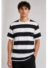 Erkek Çizgili Oversize Tişört Bisiklet Yaka Kısa Kol Yazlık T-Shirt - Siyah
