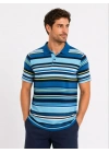 Erkek Çizgili Polo Yaka Tişört Kısa Kol Yazlık T-Shirt Regular Fit - Mavi