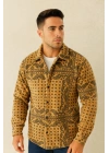 Erkek Desenli Düğmeli Polar Gömlek – Hardal Paisley Desen Yakalı, Uzun Kollu, Oversize Rahat Kalıp - Sarı