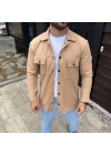 Erkek Diagonal Kumaş Cepli Çıtçıtlı Uzun Kollu, Gömlek Oversize Rahat Kalıp Günlük Şık Stil - Bej